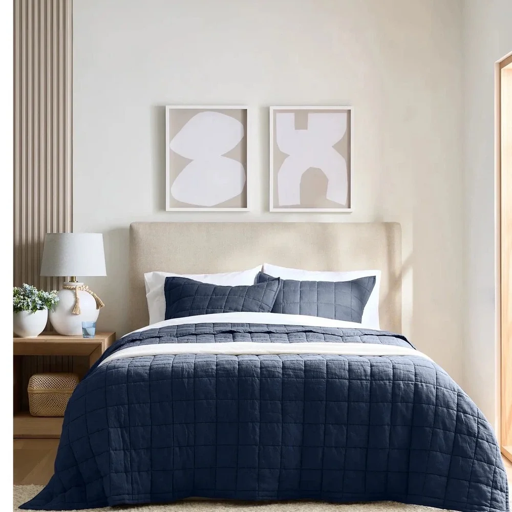 Quince European Linen Box Quilt Bedding King/Cal King Size Navy Blue NEW